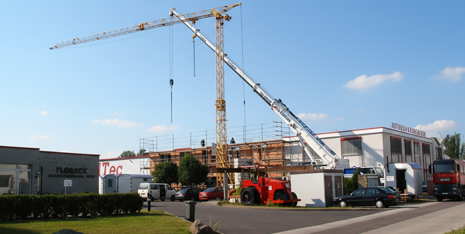 Kräne vor dem fertigzustellendem Neuanbau im Jahr 2006.