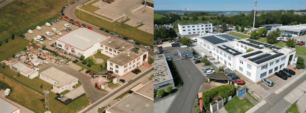 Luftansicht des Firmengeländes früher gegenüber heute