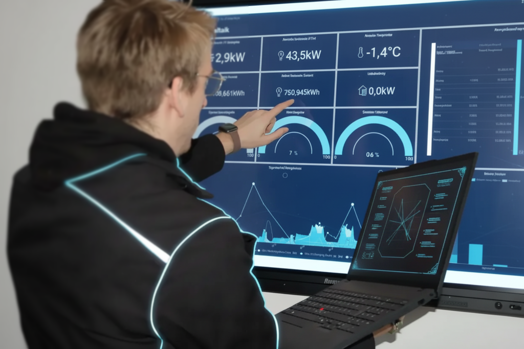 Technisch affiner Mann zeigt auf ein branchenneutrales Photovoltaik-Dashboard